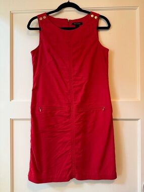 Red Sleeveless Sheath Dress with Gold Button Detail